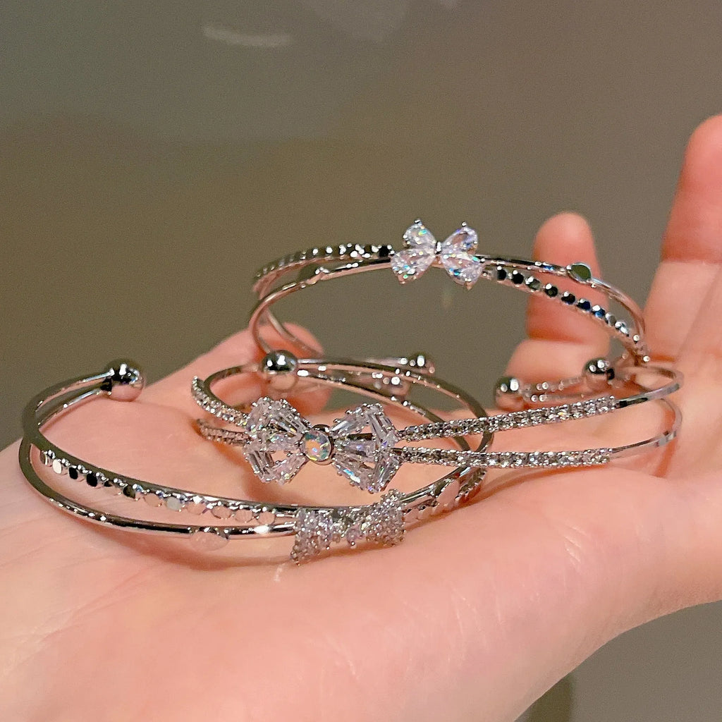 Women's silver electroplated copper bow bracelet with zircon stones minimal style