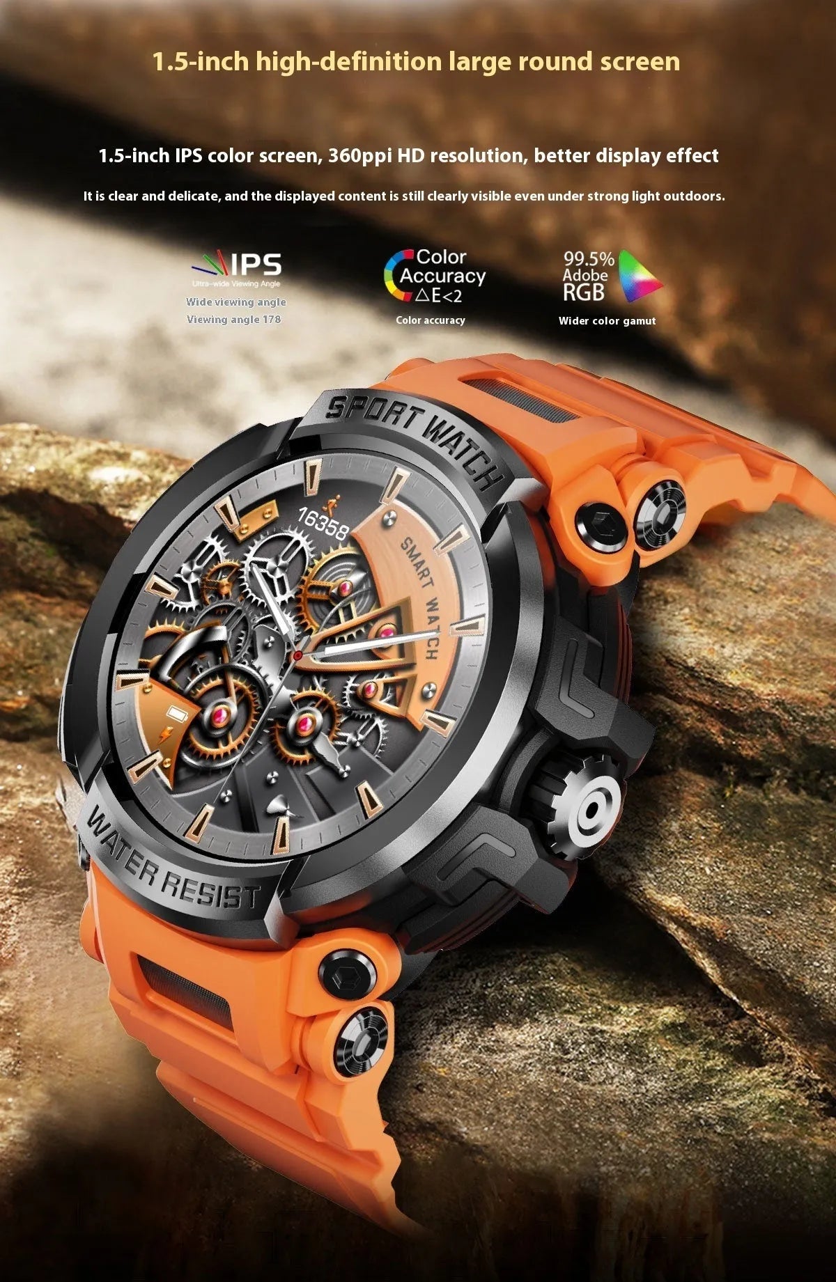 Smart watch in black with TFT screen showing heart rate display, Bluetooth calling function, and health monitoring features