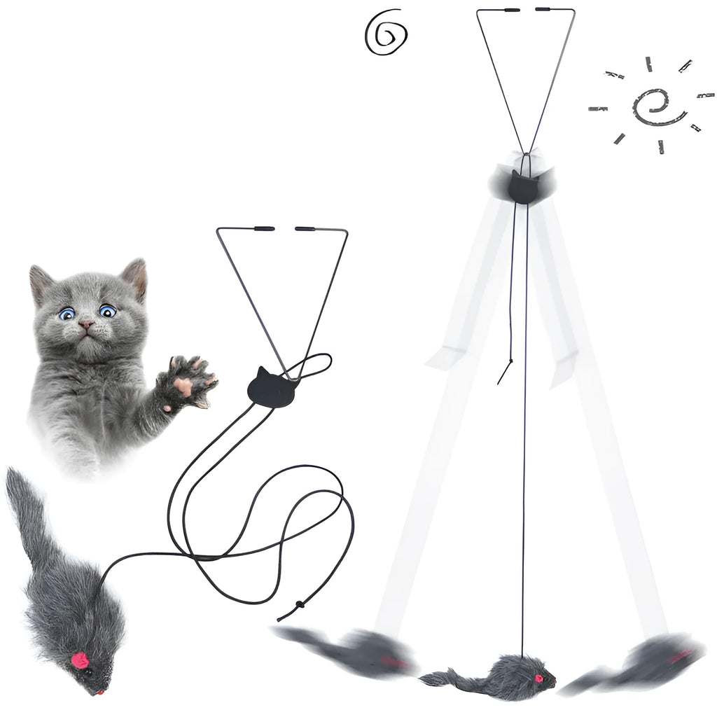 Pet telescopic hanging door cat toy with mouse plush on elastic rope attached to a door frame
