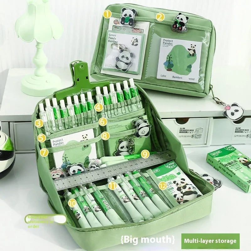 Green canvas pencil case with 12-layer compartmentalised design showing panda-themed Korean style elements