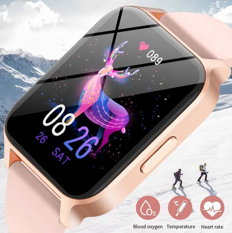 Smart health watch with colour screen on a black mesh strap, showing display with health metrics.