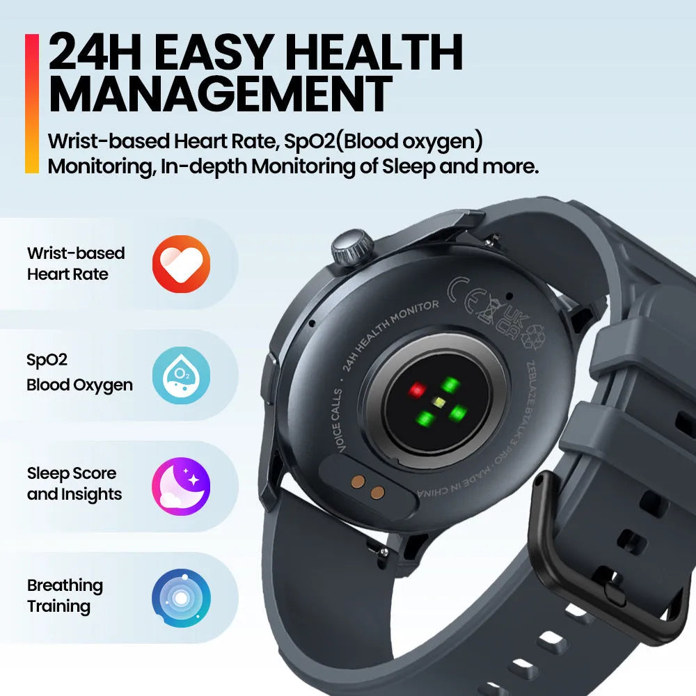 Btalk 3 Pro smart watch in blue, grey, or pink colours showing AMOLED screen and compact case
