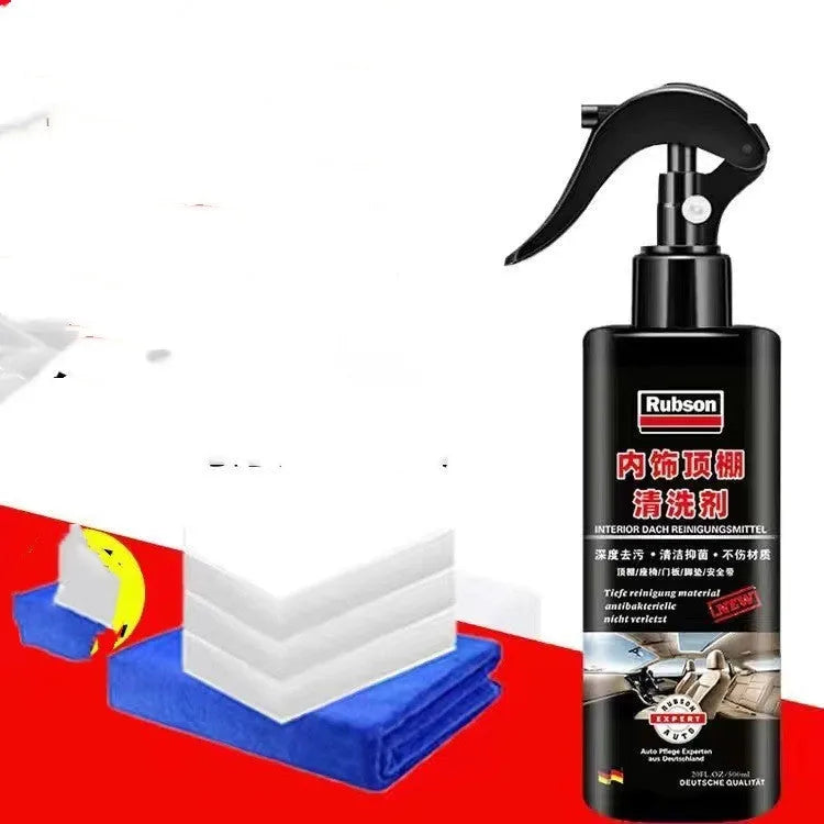 Wash-free fabric roof foam decontamination cleaner bottle with towel and sponge wipes for car interior cleaning.