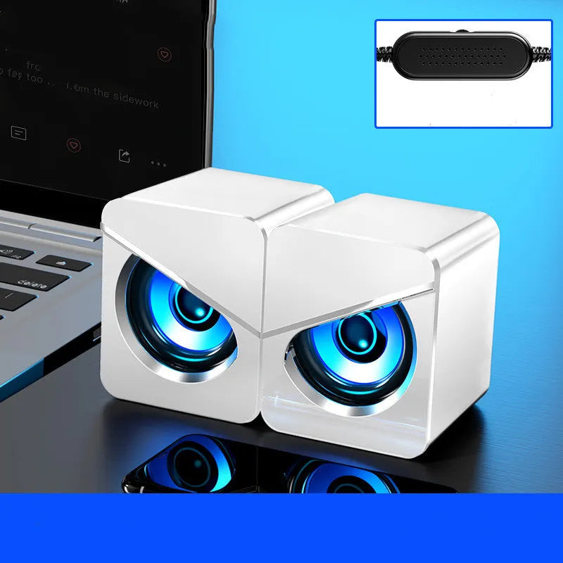 Black and white USB mini desktop stereo speaker showing simple, standard, and upgraded versions
