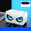 Black and white USB mini desktop stereo speaker showing simple, standard, and upgraded versions