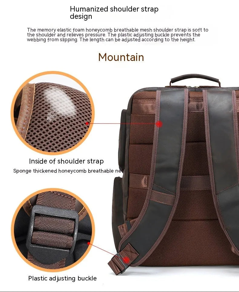 Dark brown retro crazy horse leather men's backpack showing external pockets and internal organiser for a 17-inch laptop.