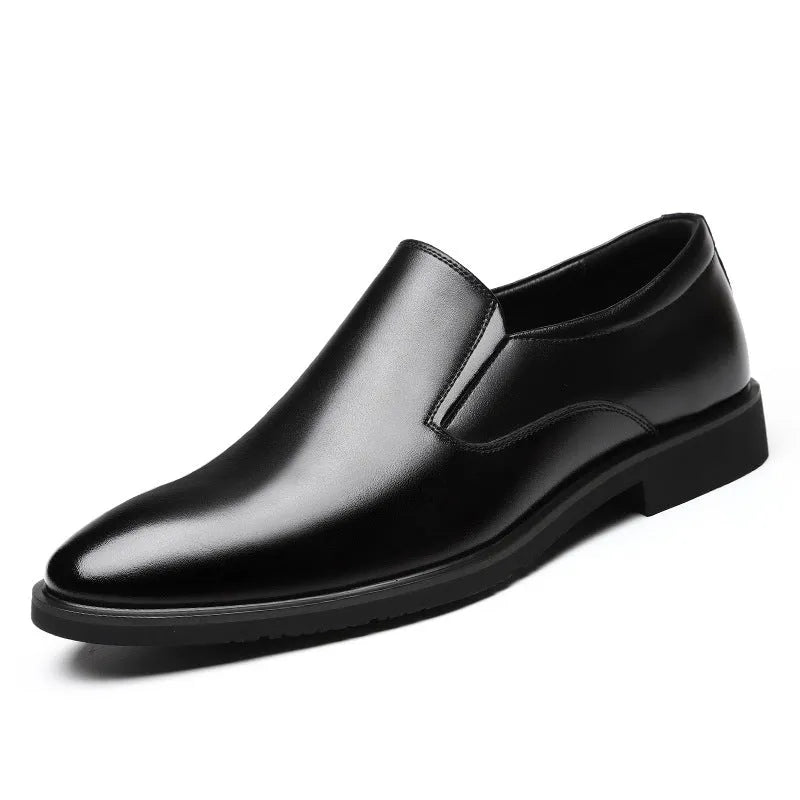 Men's black business casual slip-on shoes with leather upper and rubber sole
