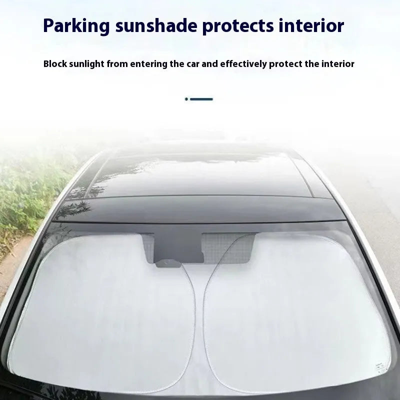 Titanium silver aluminium foil car sunshade folded, showing reflective surface and size options.