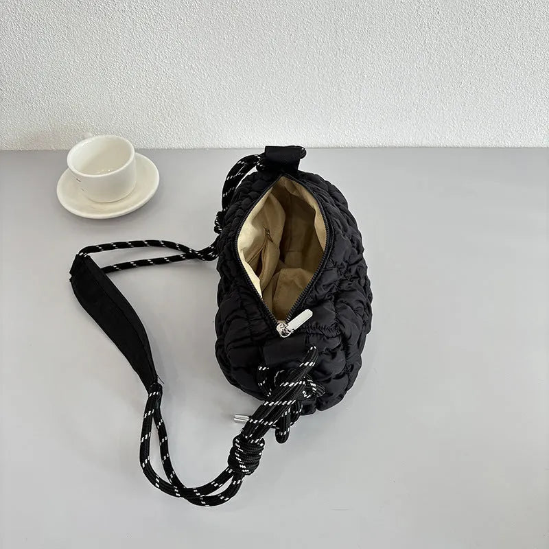 Women's lightweight nylon messenger bag in pillow shape with rhombus pattern and single shoulder strap