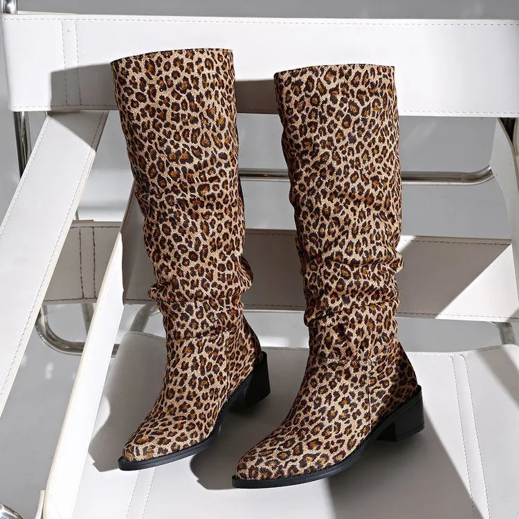 Brown women's ankle boots with leopard print, square toe, and a chunky block heel.