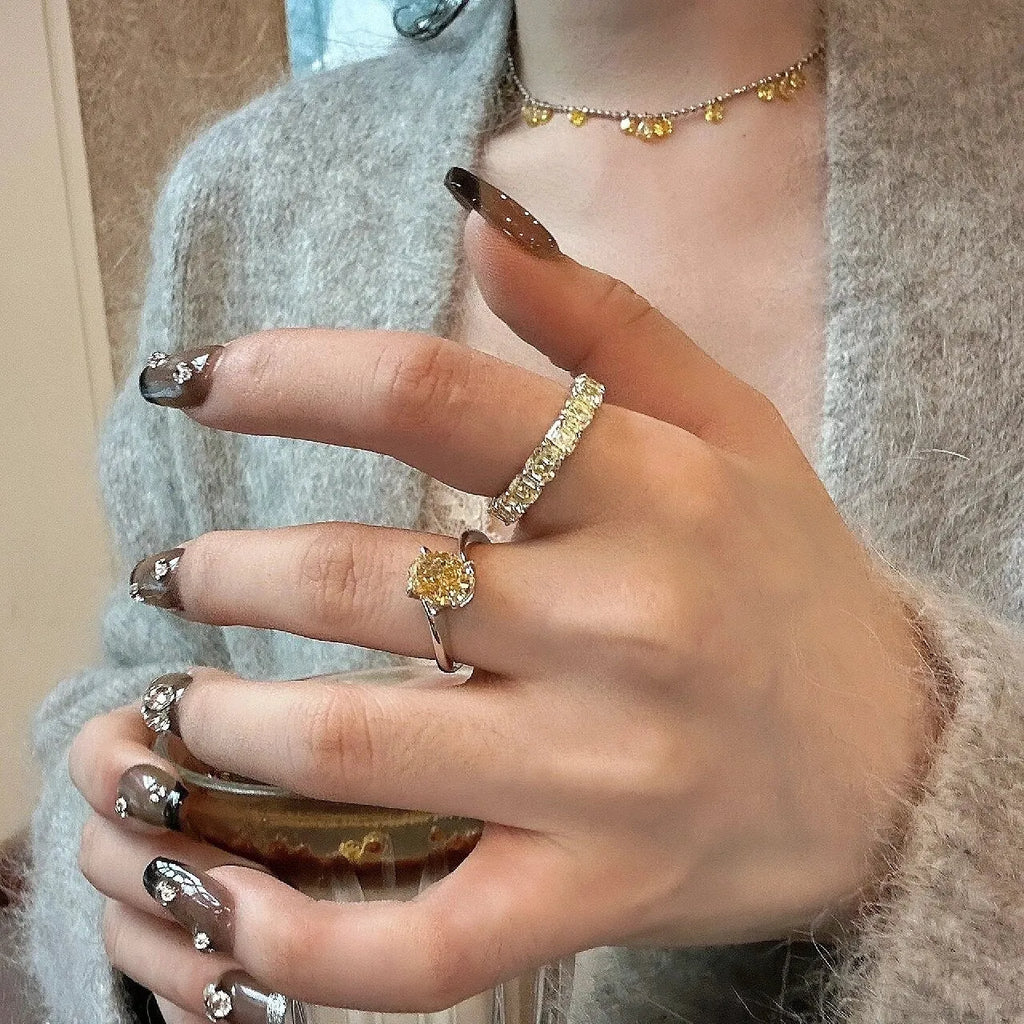 Women's yellow rock sugar crystal ring in copper with Seiko treatment showing band and distinctive colour design
