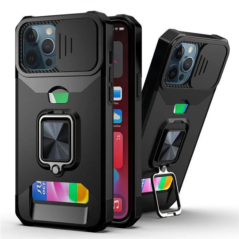 Drop-resistant phone case with sliding window card holder and magnetic suction in black for iPhone 15