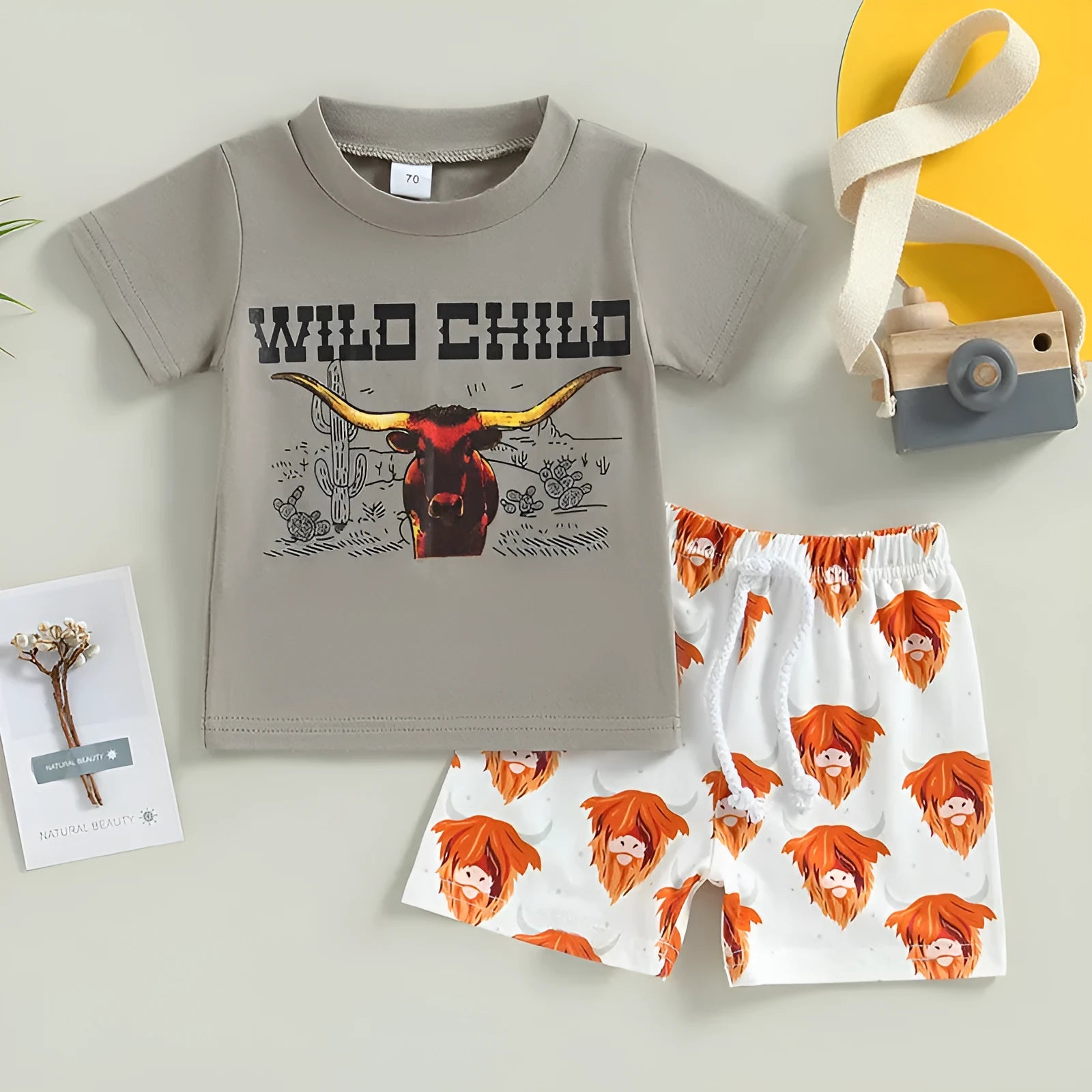 Boy's cotton pullover T-shirt and bell-bottom pants suit in gray with animal print, front view