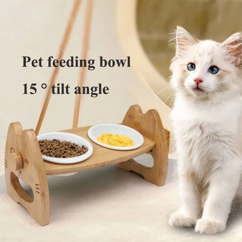 Height-adjustable ceramic double pet bowl on bamboo stand with separate bowls for dogs and cats