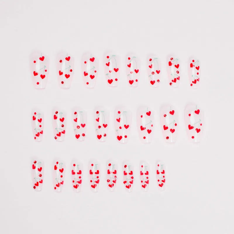 JP1601 style French Love red diamond and small cherry self-adhesive nail art charms, 24 pieces.