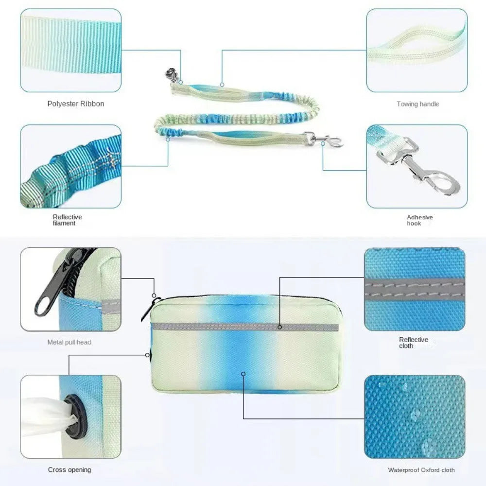 Blue adjustable hands-free dog leash with waist belt and reflective traction rope for walking and running