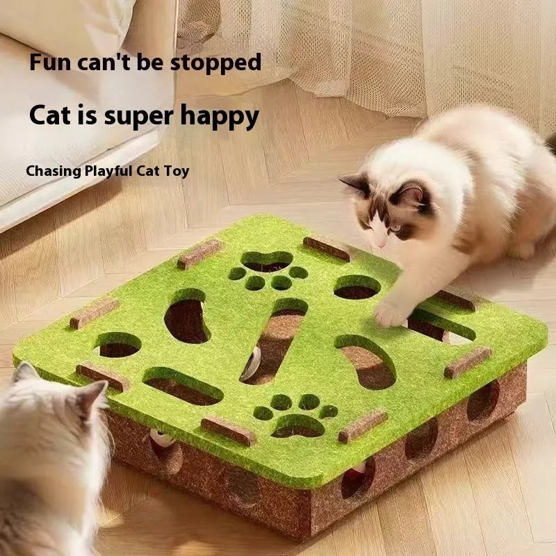 Green brown handmade felt box cat toy with holes for hide-and-seek play.