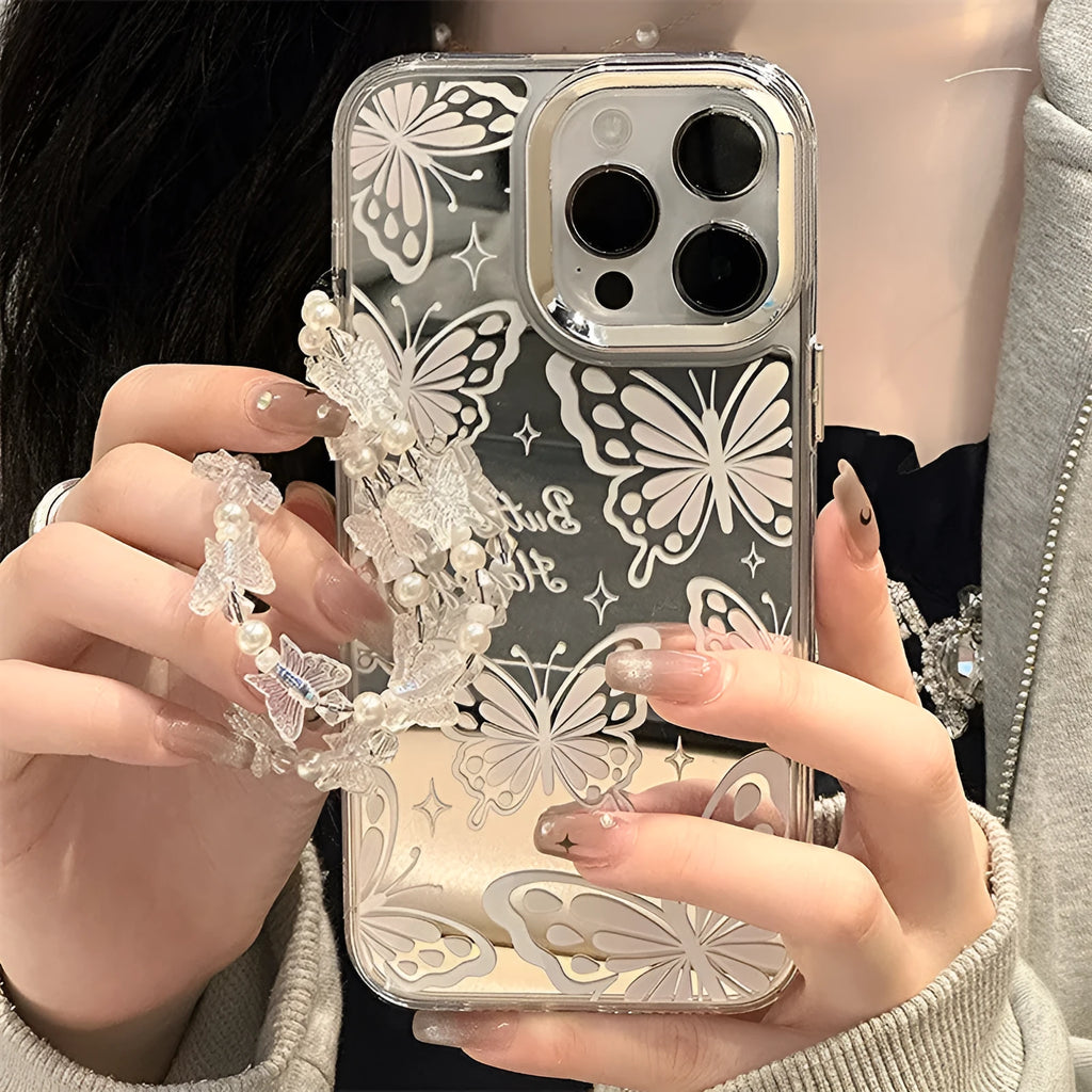 Transparent three-in-one mirror iPhone case with bow decoration and detachable bracelet accessory
