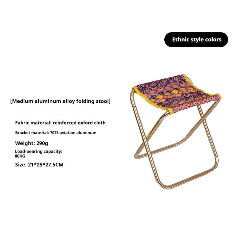 Black aluminium alloy folding stool in a folded and unfolded state.