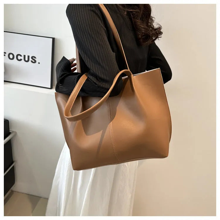 PU casual messenger bag in black, brown, white, or coffee with open pocket, bucket shape, and double shoulder straps