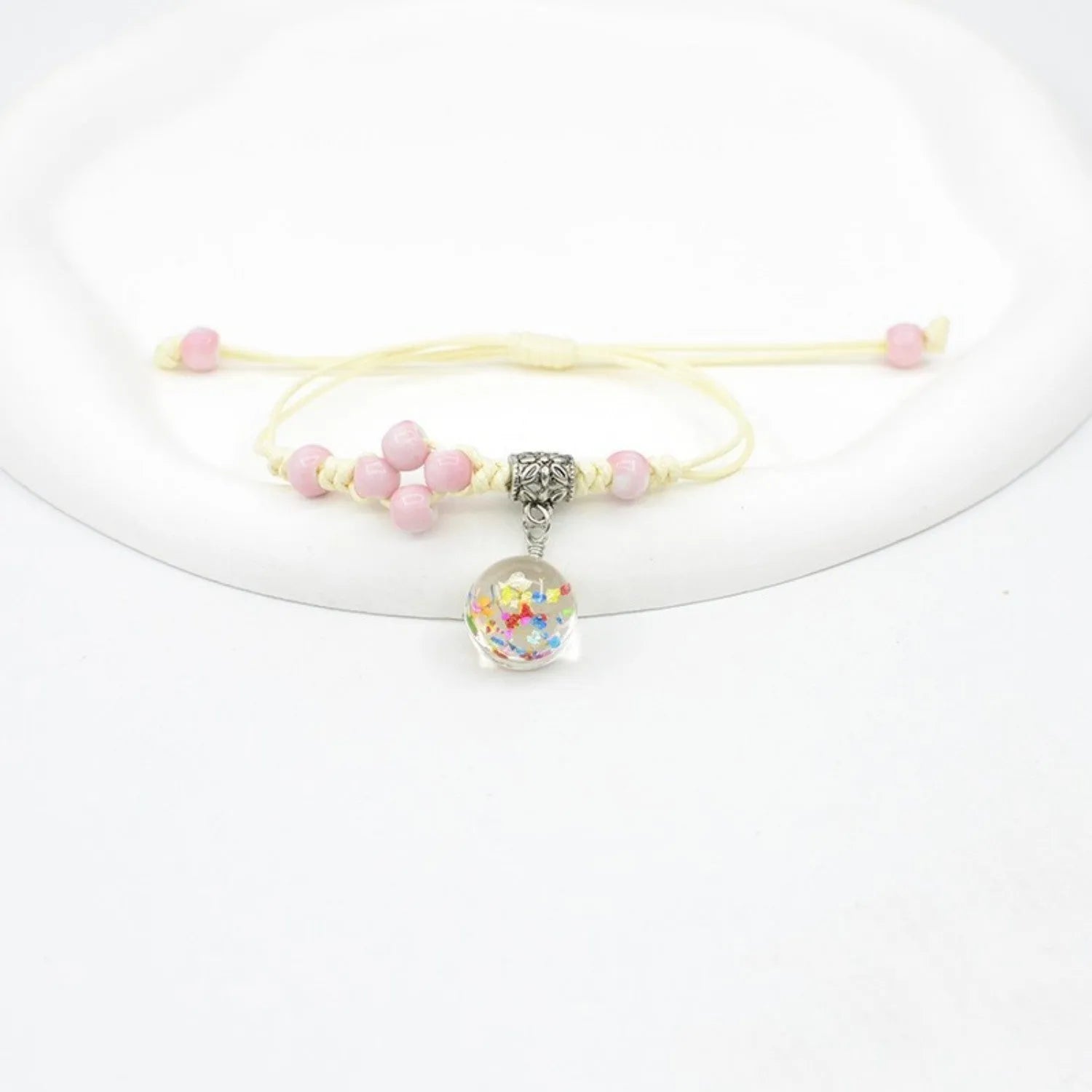 Glass dried flower bracelet with real preserved flowers and lace trim on large 1.4cm beads