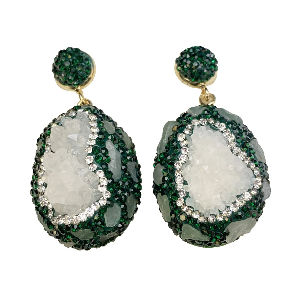 Pair of dark green geometric copper crystal bud inlaid emerald earrings