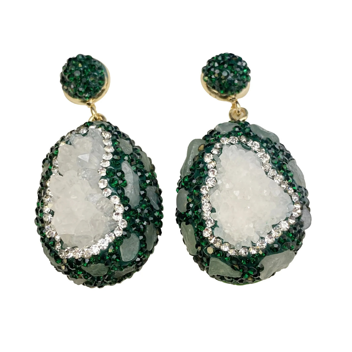 Pair of dark green geometric copper crystal bud inlaid emerald earrings