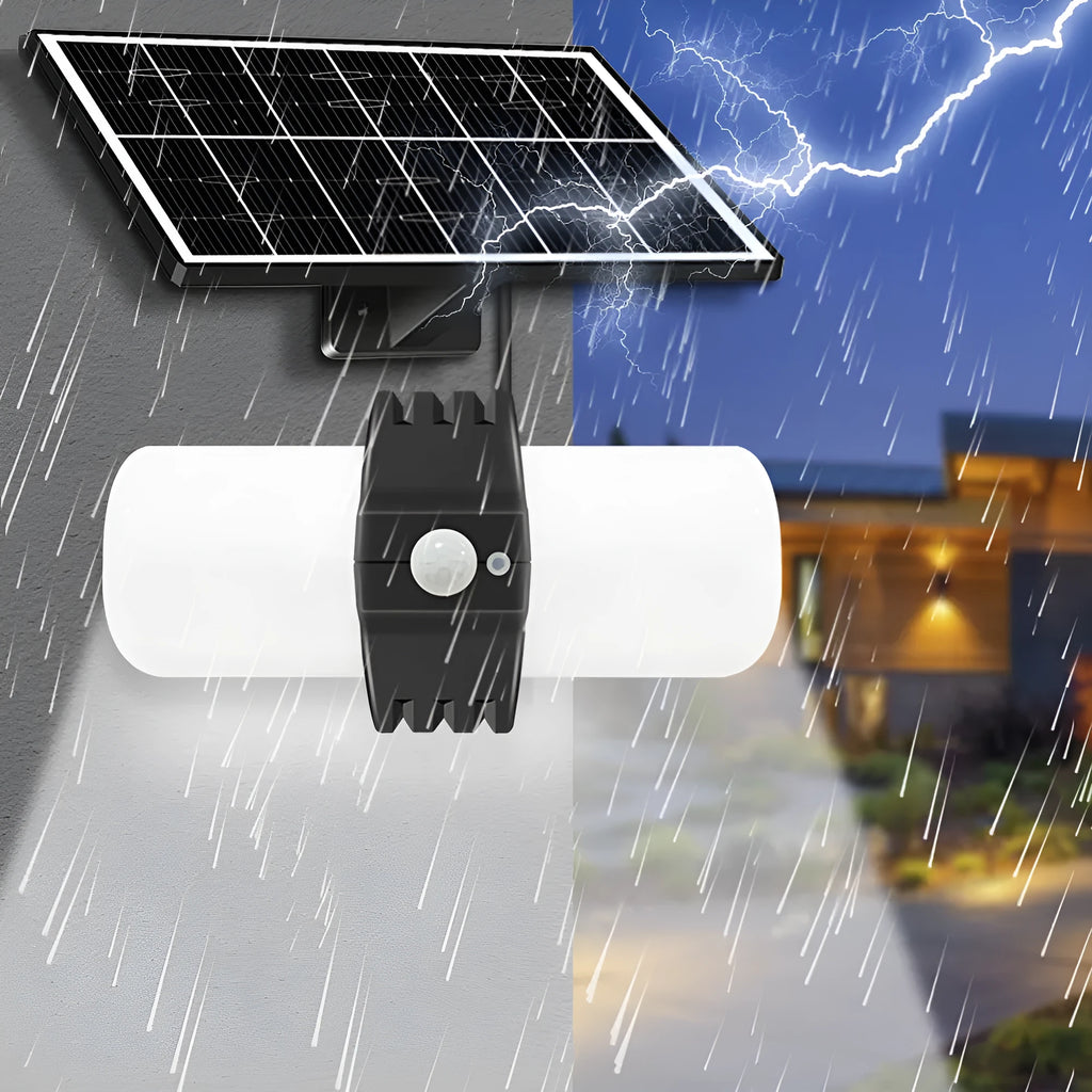 Black outdoor solar motion sensor floodlight with abstract design mounted on a wall bracket.