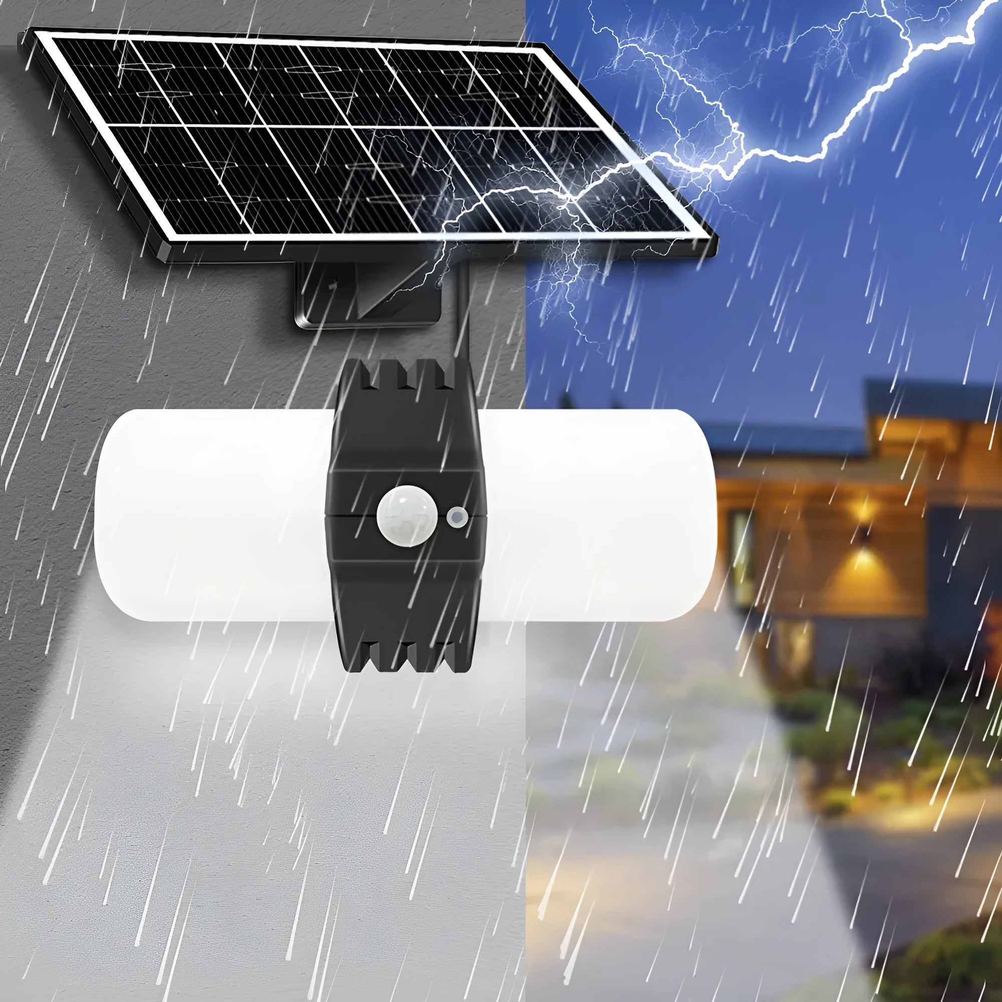 Black outdoor solar motion sensor floodlight with abstract design mounted on a wall bracket.