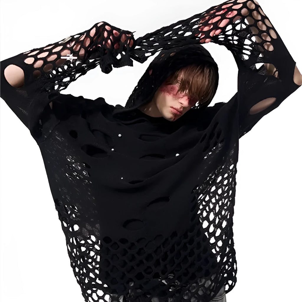 Black men's loose-fit hollow knit hoodie with a pullover design and pearl-like buttons on the hood.