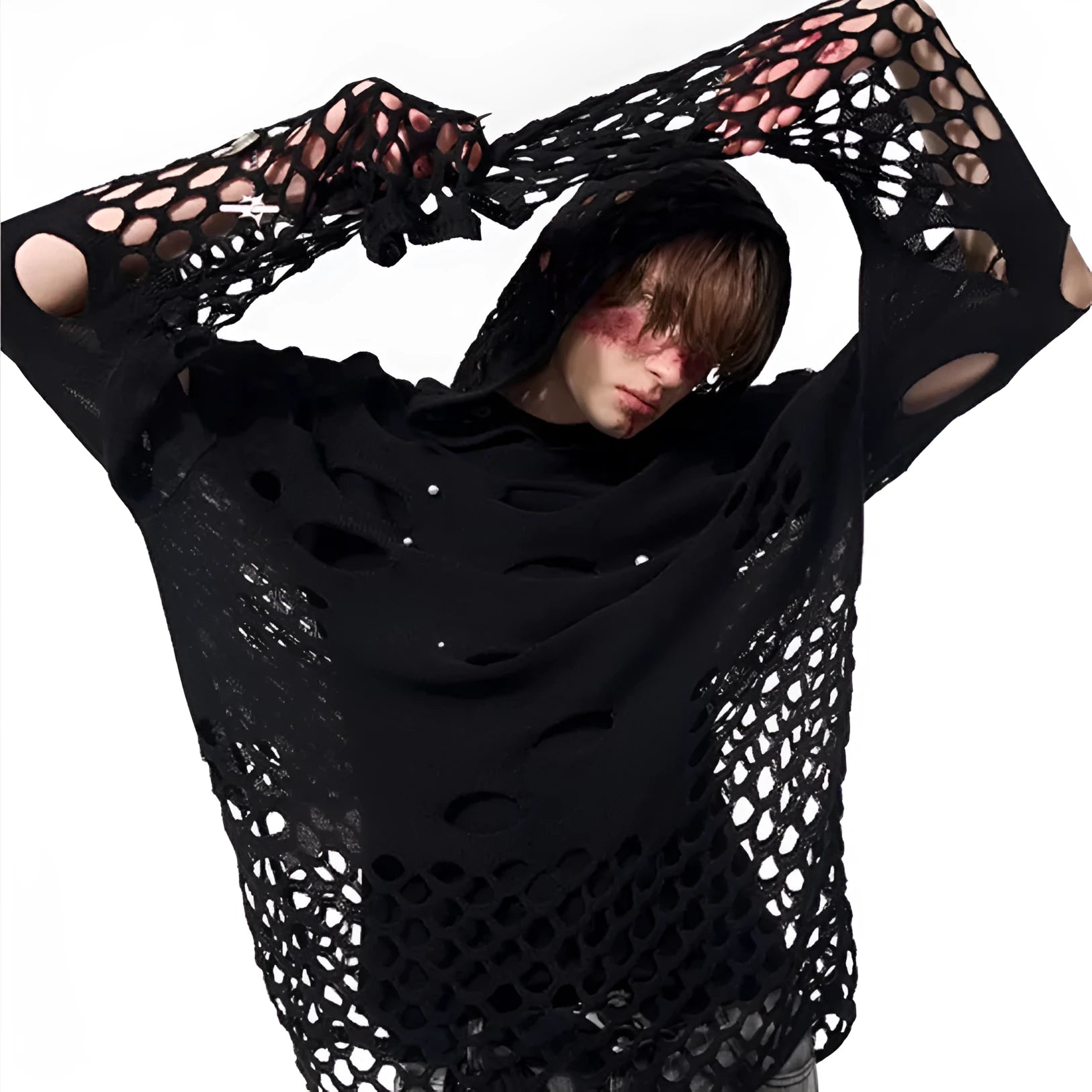 Black men's loose-fit hollow knit hoodie with a pullover design and pearl-like buttons on the hood.