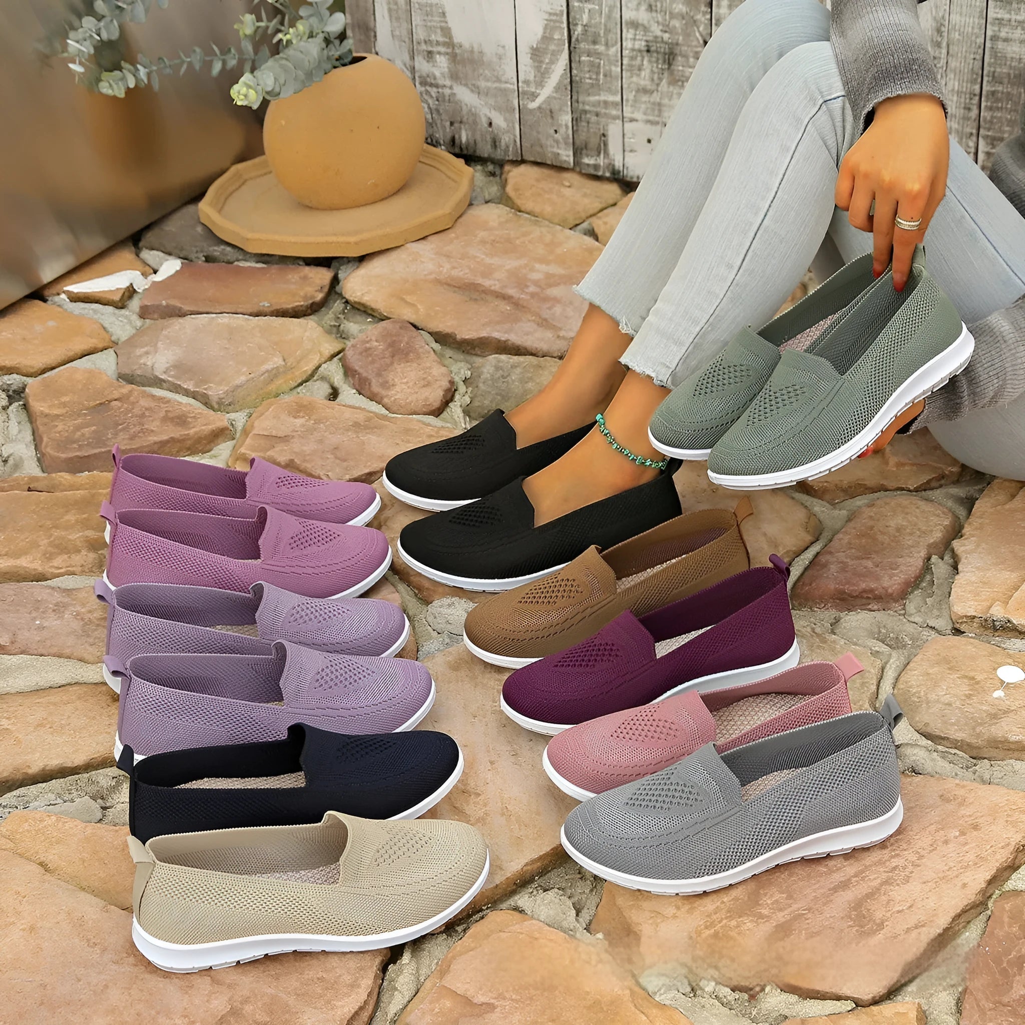 Women's plus size low-top casual cloth shoes with heart pattern and mesh lining in beige.