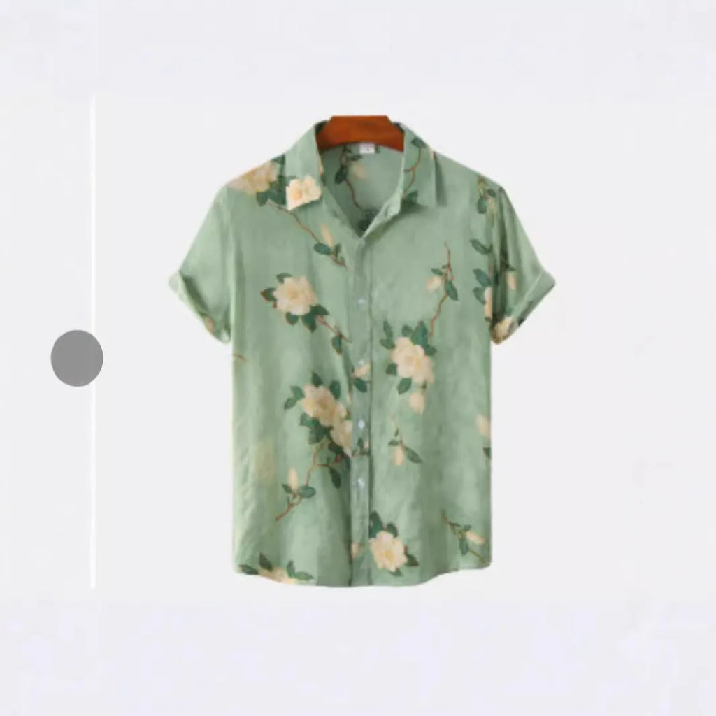 Short sleeve Hawaiian floral print shirt with lapel, shown in a vibrant colour on a model.