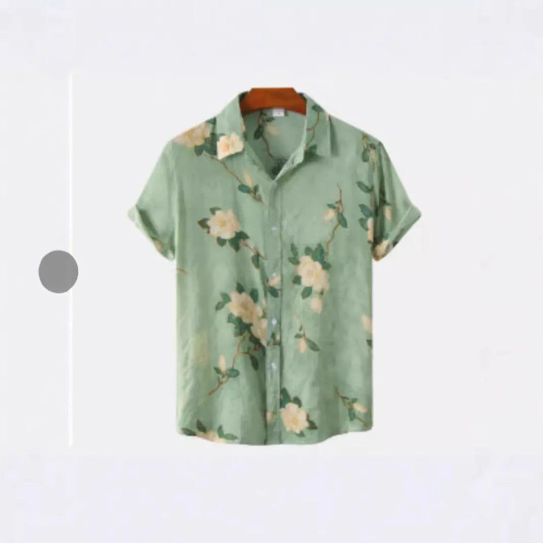 Short sleeve Hawaiian floral print shirt with lapel, shown in a vibrant colour on a model.