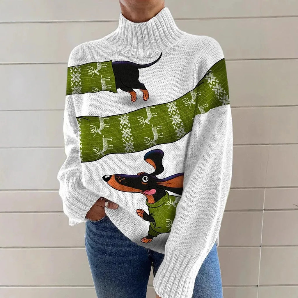 Women's loose fit Christmas printed turtleneck sweater in a macaron colour