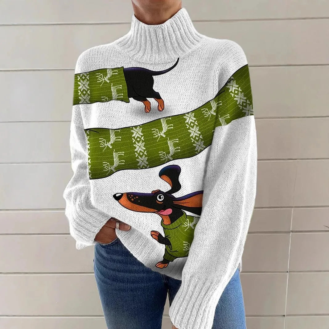 Women's loose fit Christmas printed turtleneck sweater in a macaron colour