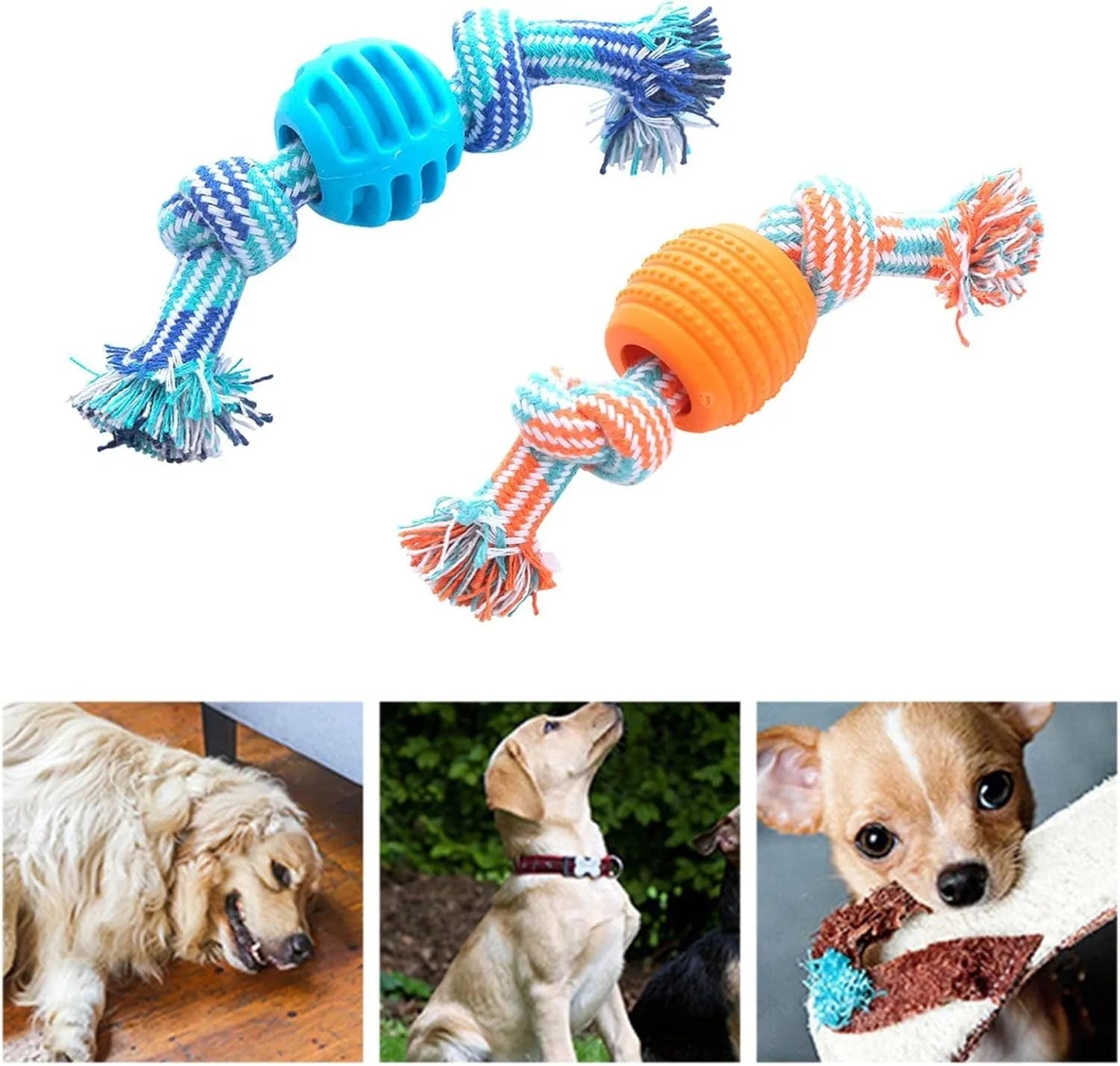 Set of blue and green rope and soft molar chew toys for dogs on a white background.