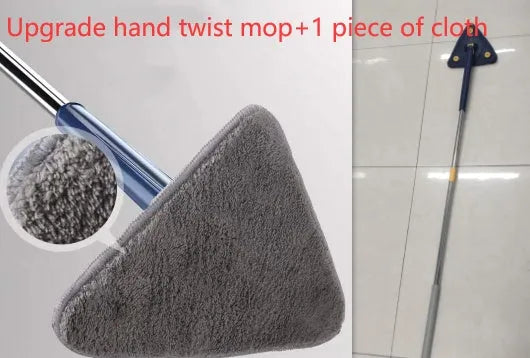Extendable triangle mop with rotating blue head and adjustable stainless steel pole for corner cleaning