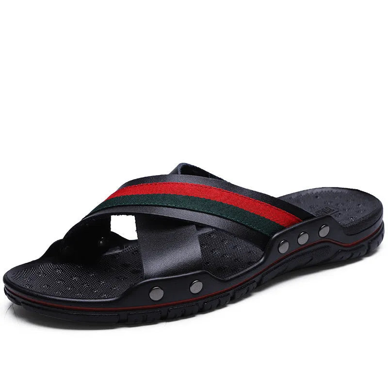 Men's white cowhide flip-flop sandals with a non-slip PU sole on a wooden deck.