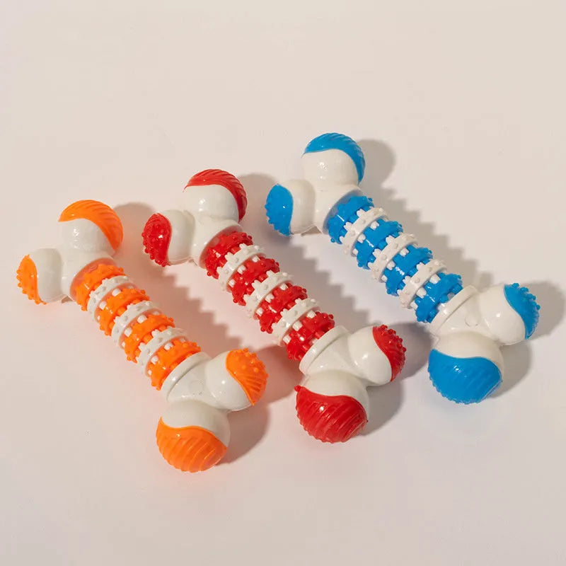 Blue, orange, and red bone-shaped interactive chew and treat toy for small breed dogs.