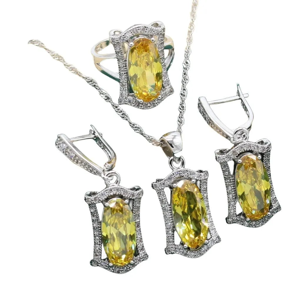 Yellow gold-tone anti-allergy alloy zircon jewellery set showing necklace, earrings, ring, and bracelet.