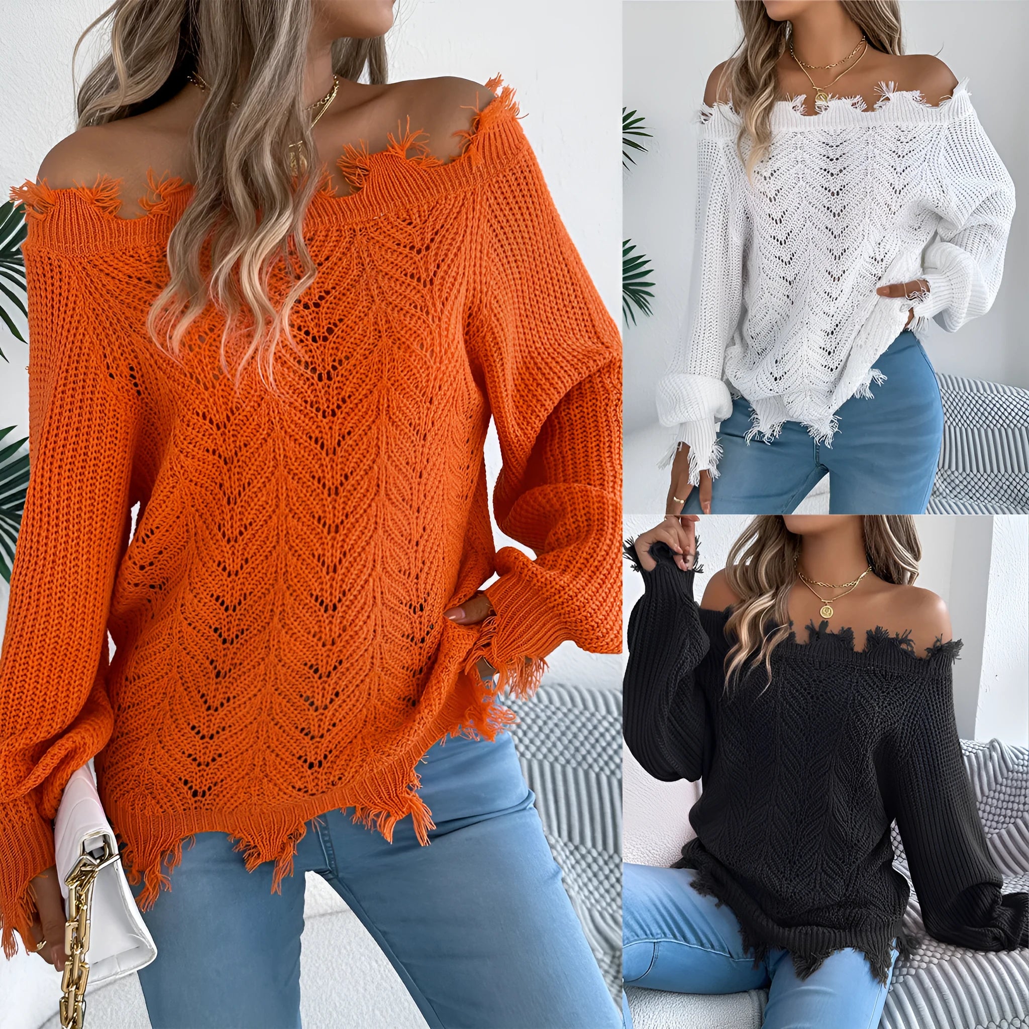 Women's hollow-out cut-off shoulder pullover sweater in acrylic fibre fabric