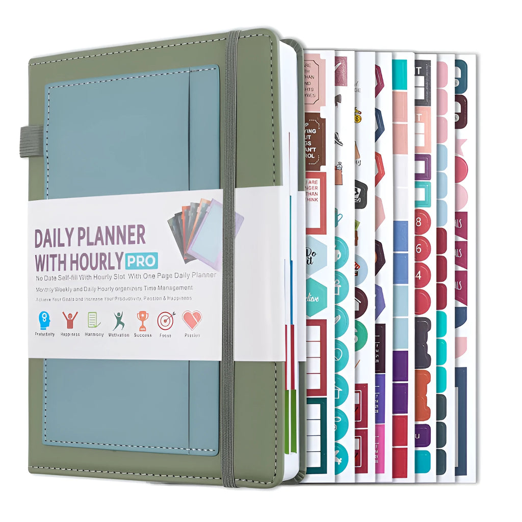 Creative undated notebook with PU cover in six colours, showing thread binding and planning stickers