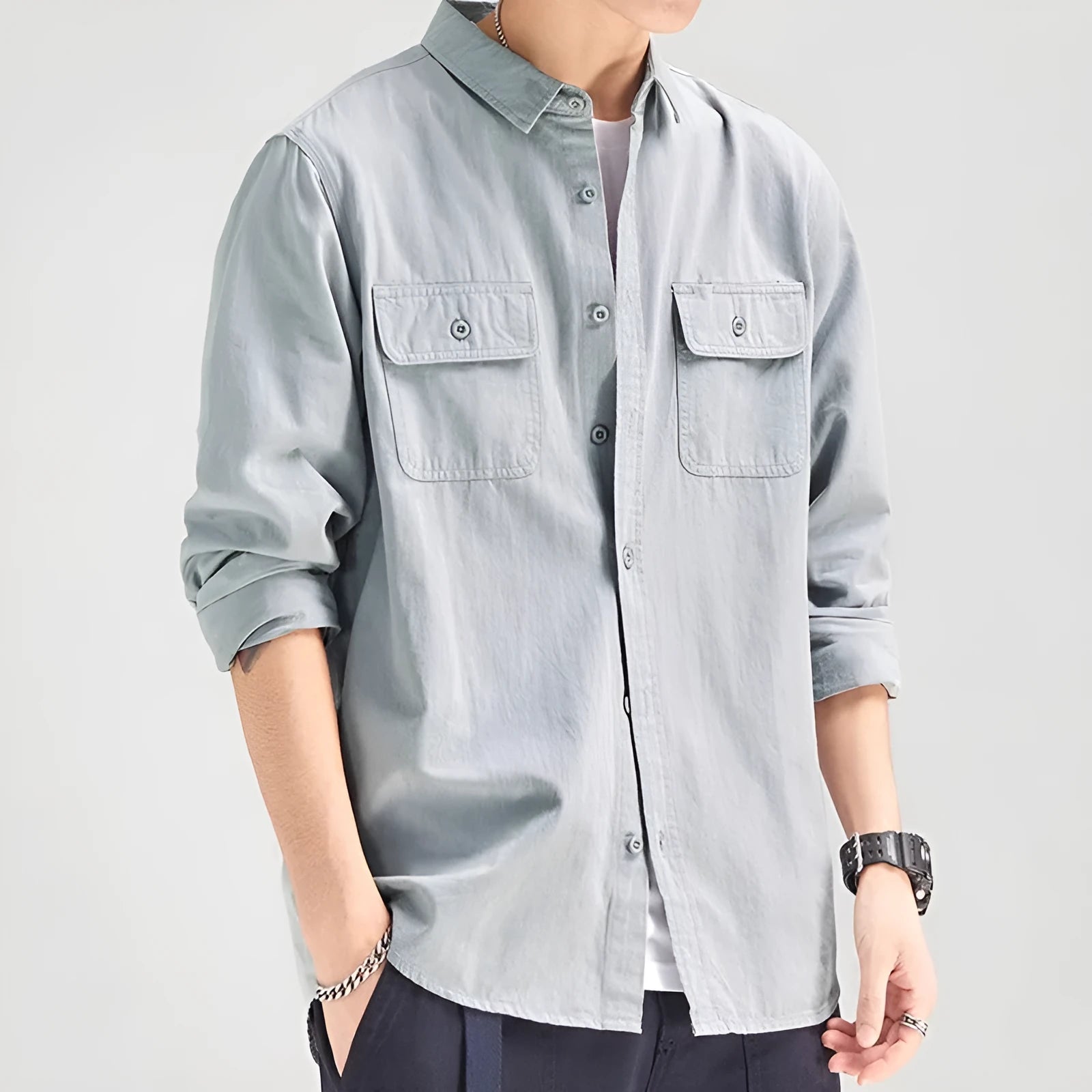 Men's loose fit shirt overalls with long sleeves in polyester fibre available in multiple colours