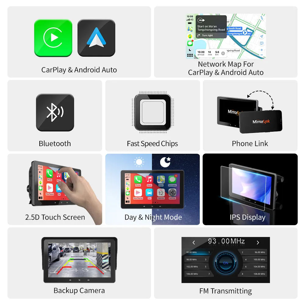 7 inch wireless CarPlay display mounted on a car windscreen with suction cup, showing iPhone apps on screen.
