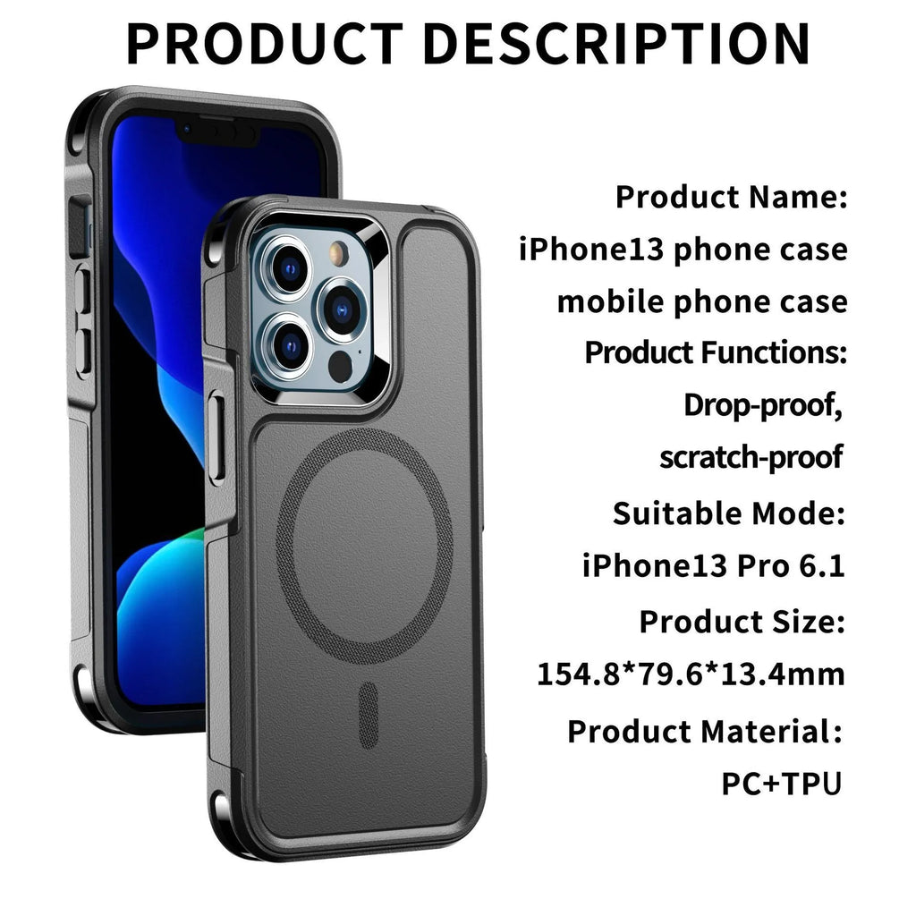 Black shatterproof magnetic iPhone case for iPhone 12 and iPhone 13 models with PC+TPU construction
