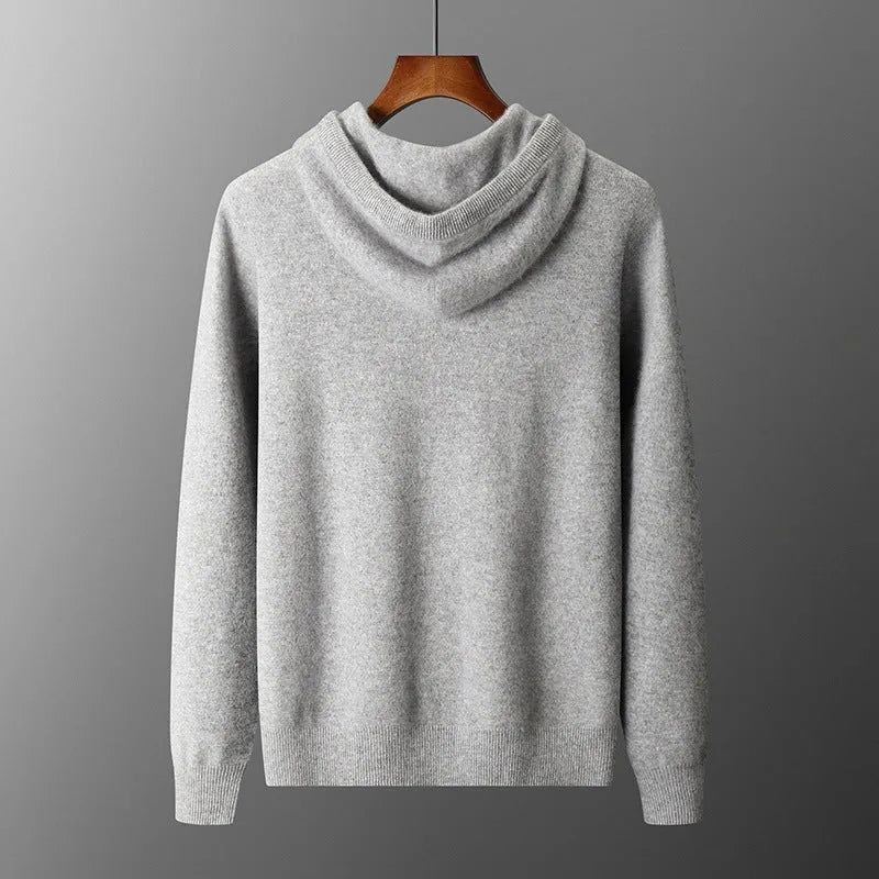 Men's light grey cashmere hoodie and matching trousers casual set laid flat.