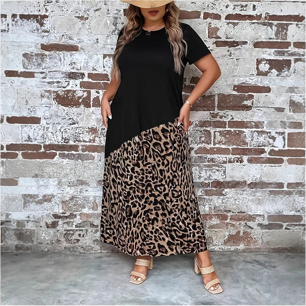 Women's black leopard print loose maxi dress with quarter sleeves and contrast stitching, plus sizes 1XL-5XL.