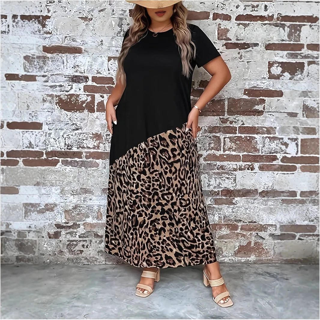 Women's black leopard print loose maxi dress with quarter sleeves and contrast stitching, plus sizes 1XL-5XL.