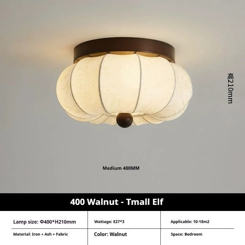 Mid-ancient French retro fabric ceiling lamp with ash wood frame in walnut colour on a ceiling